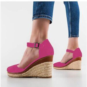 FSJ Hot Pink Closed Toe Espadrilles Dressy Wedge Sandal Ankle Strap Sandals